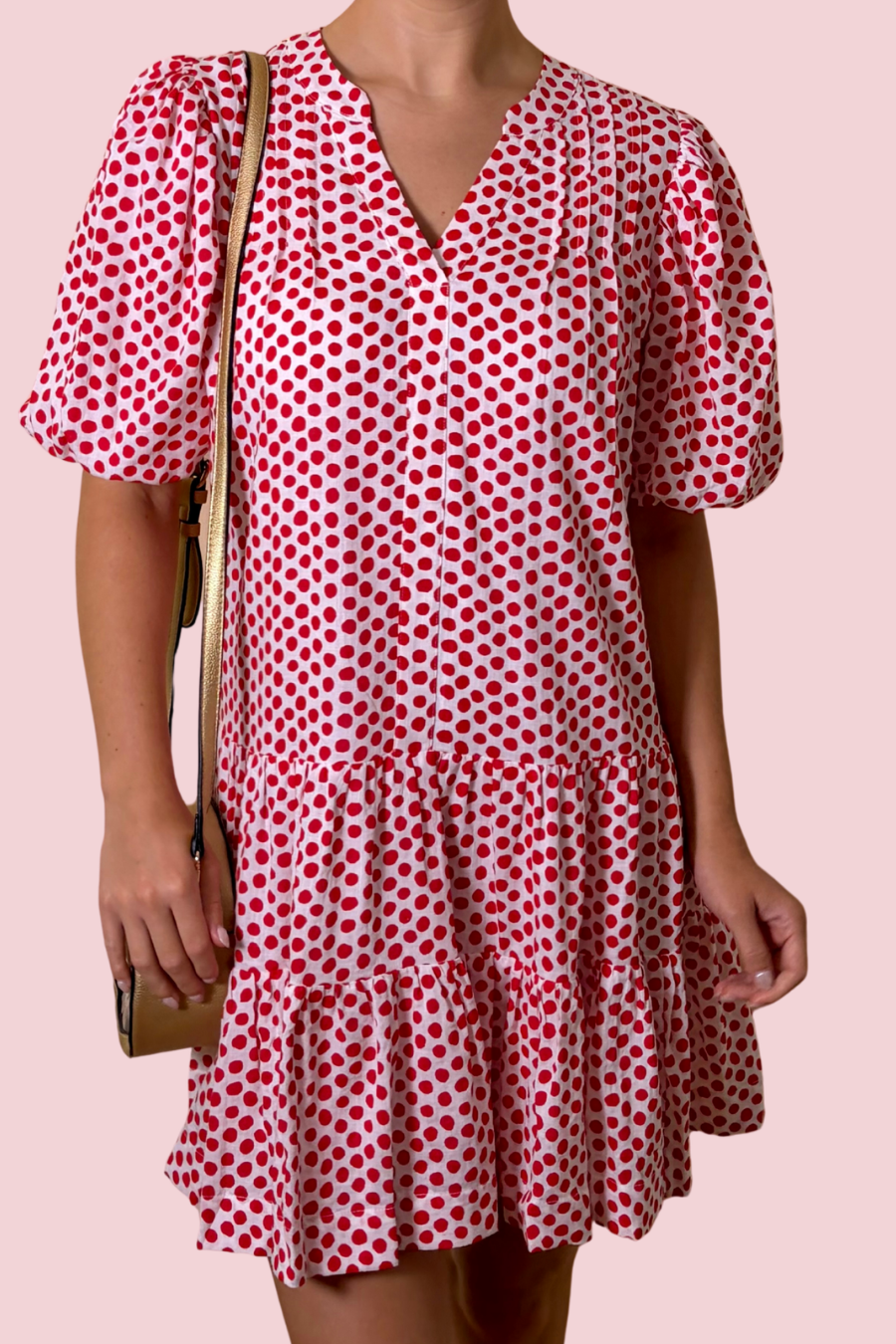 Spot Me Red Polka Dot Puff Sleeve Tiered Mini Dress with Split Neck