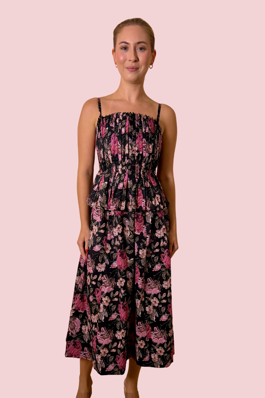 Roses After Dark Floral Smocked Midi Dress