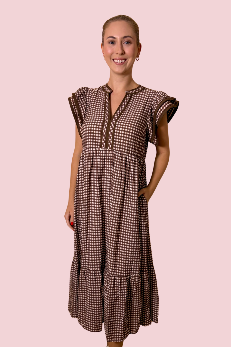Check Me Out Brown Gingham Flutter Sleeve Tiered Midi Dress with Pockets
