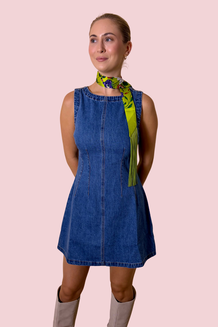 Denim Darling Sleeveless Denim Fit & Flare Mini Dress