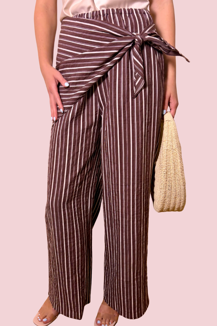 Tie It Your Way Brown Striped Wide Leg Pants with Convertible Tie Scarf