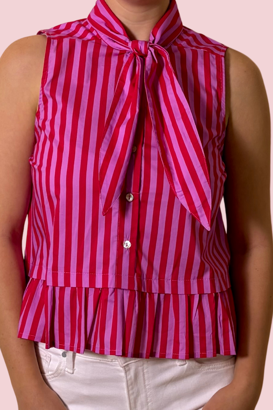 Sweet Statement Striped Sleeveless Blouse with Tie Neck and Peplum Hem