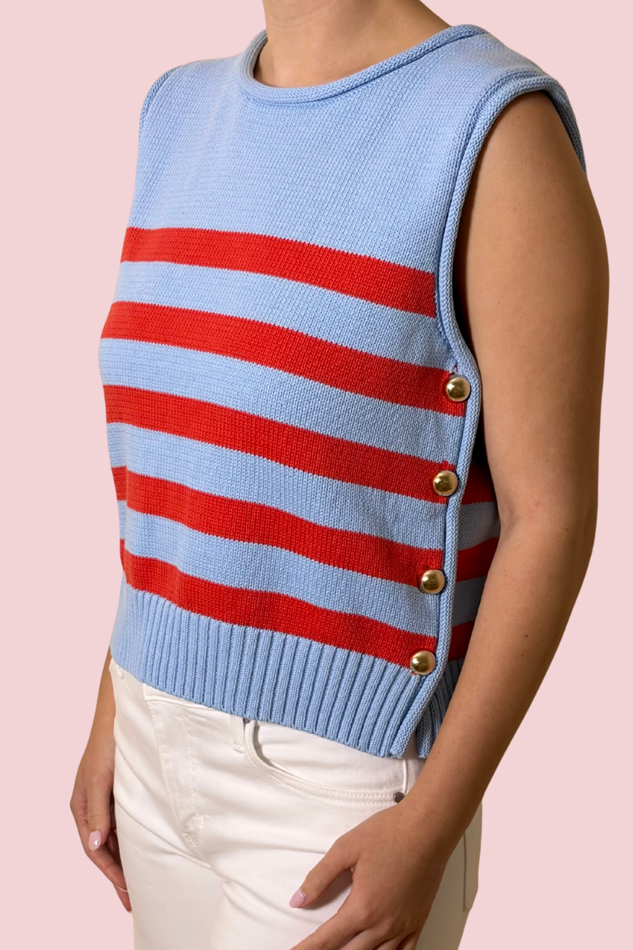 It All Lines Up Striped Sleeveless Knit Tank Top with Side Button Detail