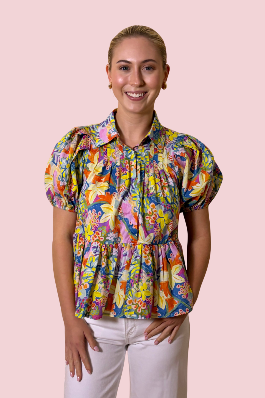 Garden Party Multicolor Floral Peplum Blouse with Puff Sleeves and Collared Neck