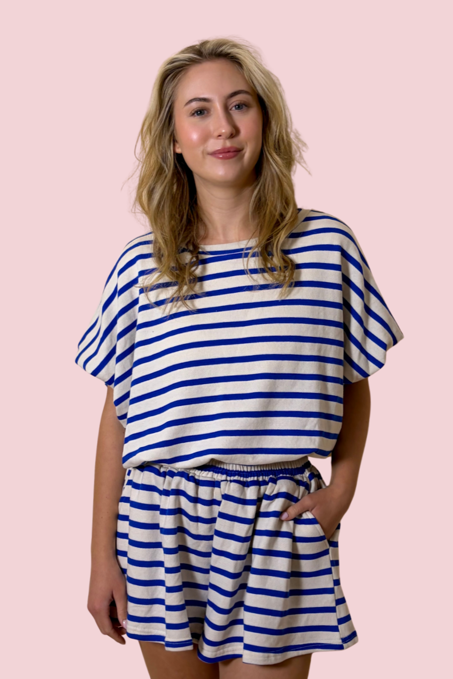Sapphire Waves Blue and White Striped Two Piece Lounge Set with Short Sleeve Top and Shorts