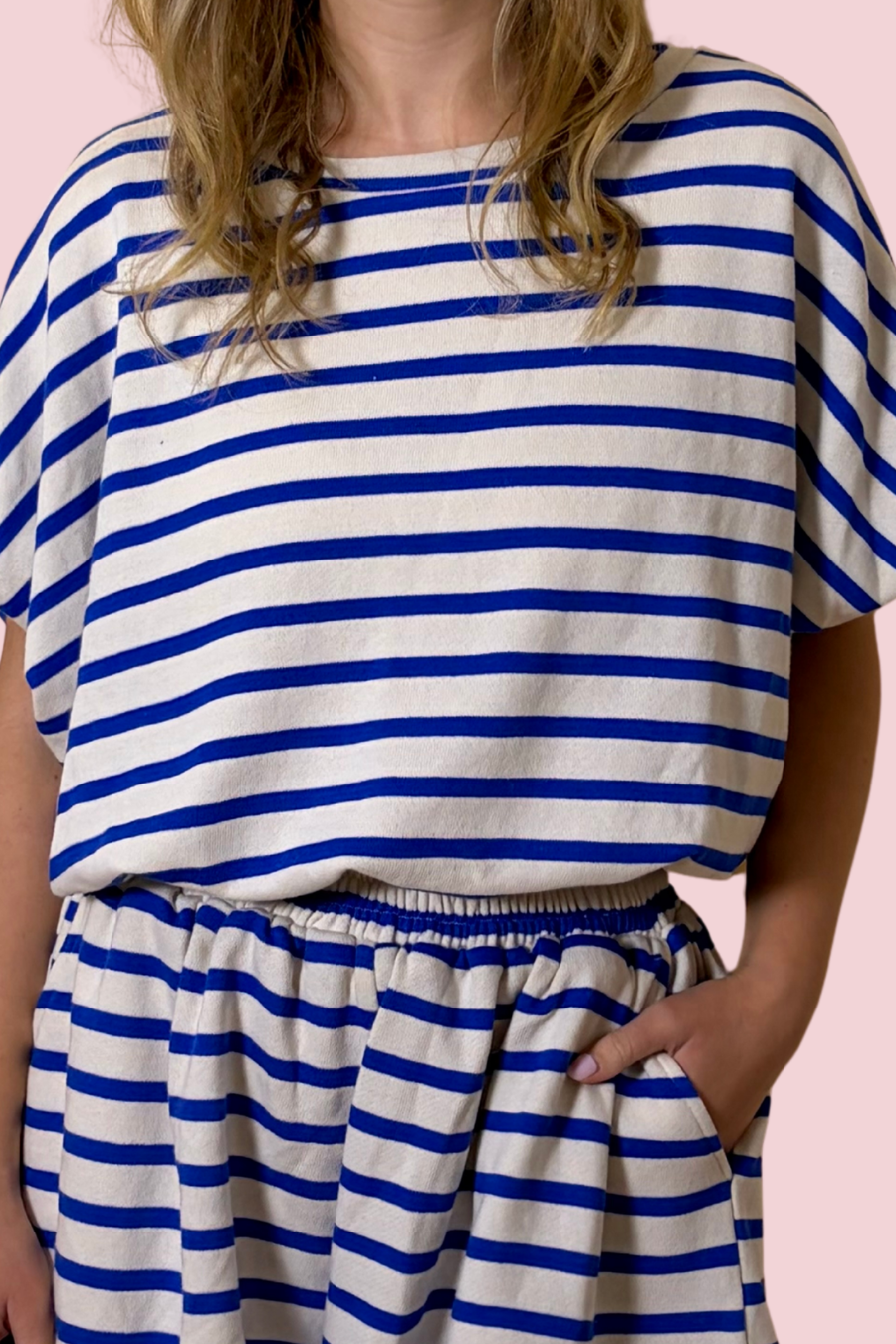 Sapphire Waves Blue and White Striped Two Piece Lounge Set with Short Sleeve Top and Shorts