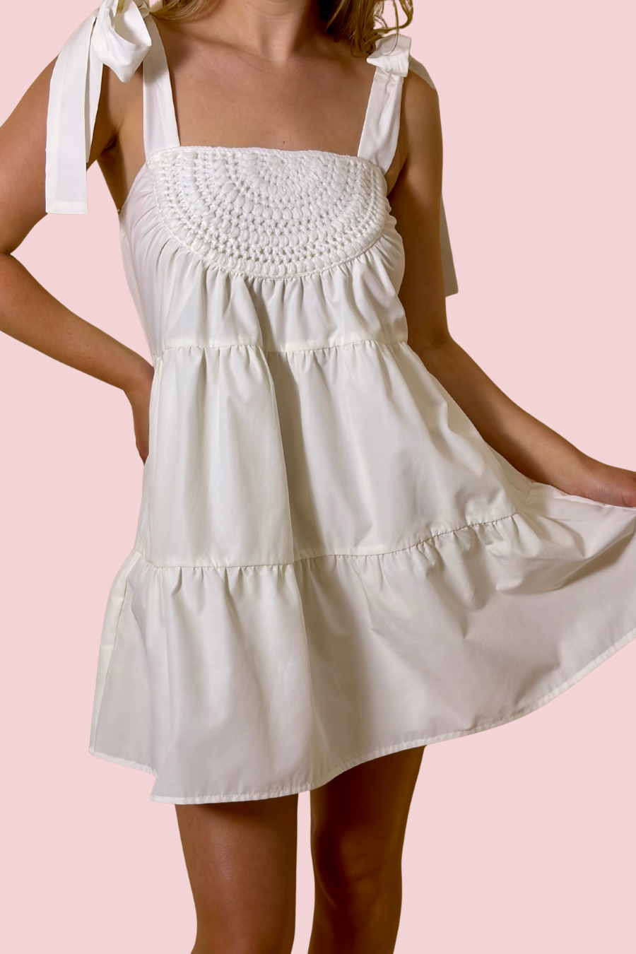 Lea White Tiered Mini Dress with Crochet Bodice and Tie Strap Shoulders