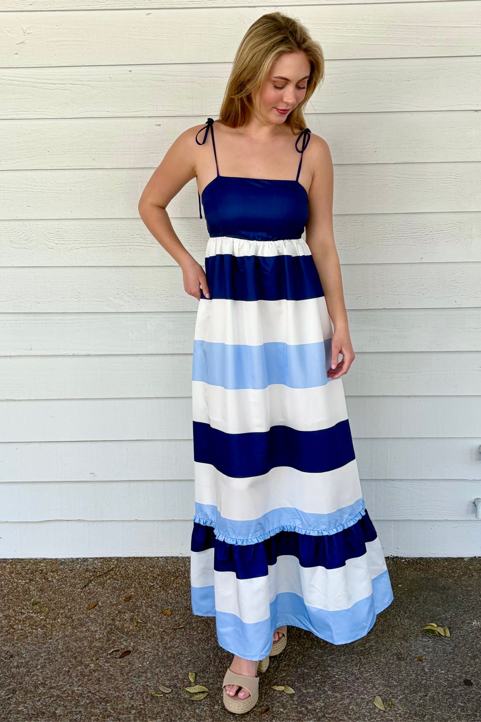 Day Dreamer Blue and White Striped Maxi Dress with Tie Straps and Ruffle Hem