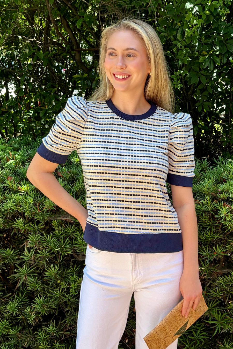 Girls Lunch Women’s Textured Stripe Puff Sleeve Knit Top