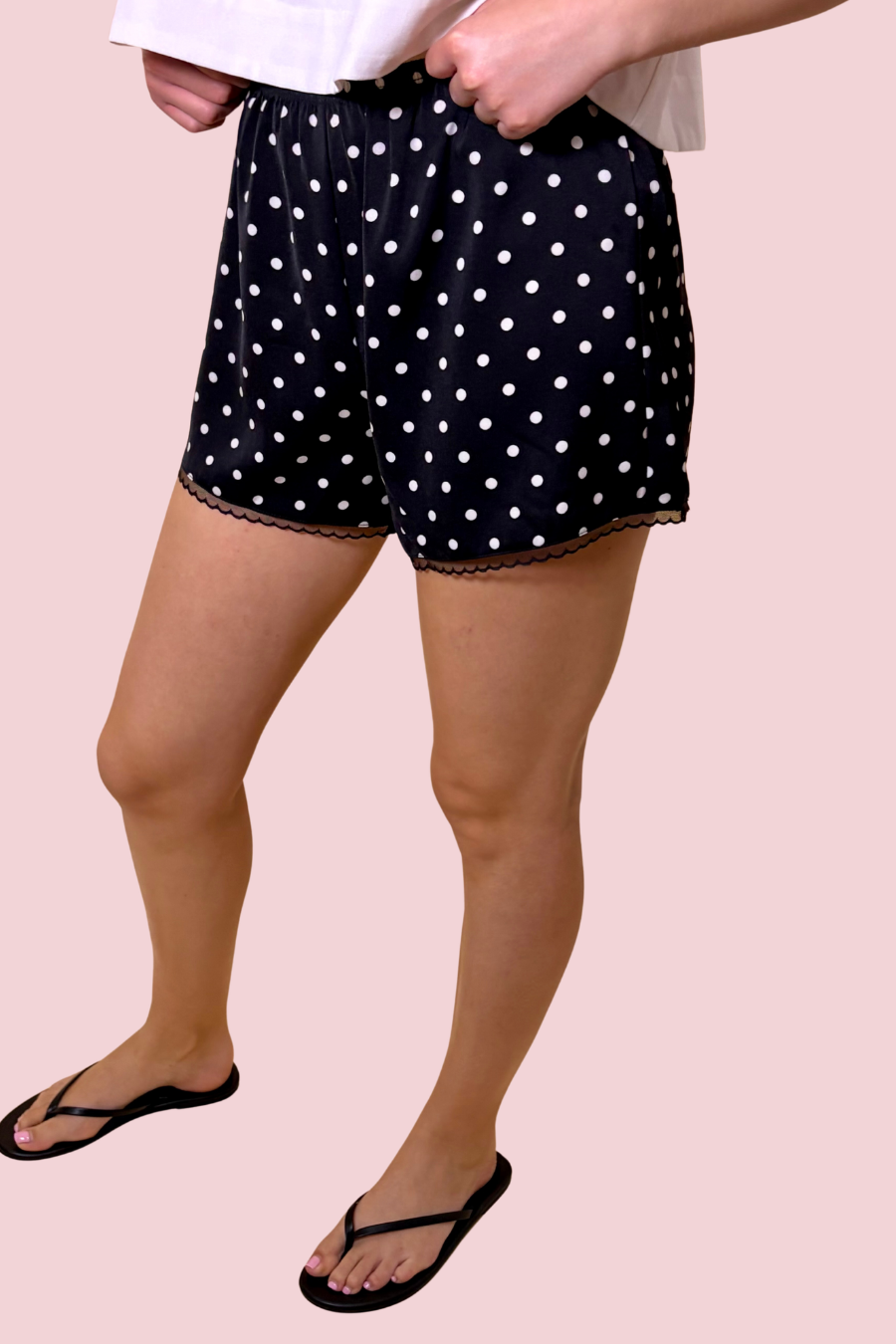 Too Cute To Gatekeep Women’s Black and White Polka Dot Shorts with Elastic Waist