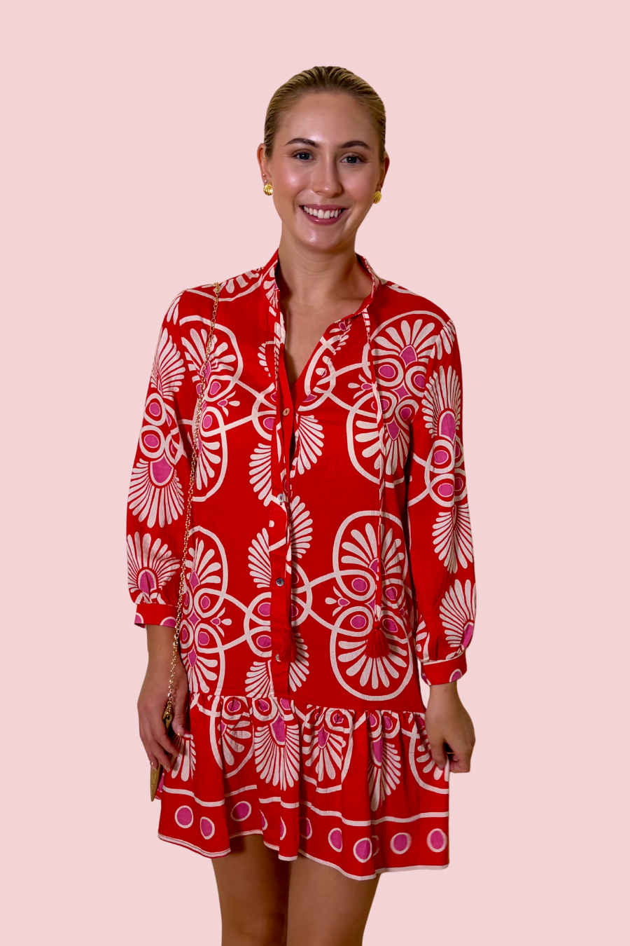 Vacation Mood Red and White Printed Mini Dress with Long Sleeves