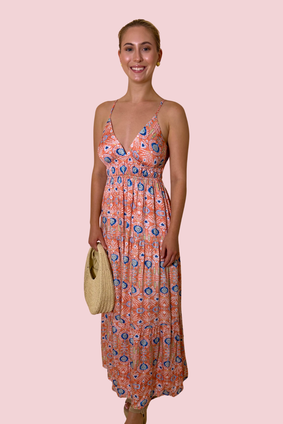Barefoot in Capri Pink and Blue Printed Maxi Dress with Adjustable Straps