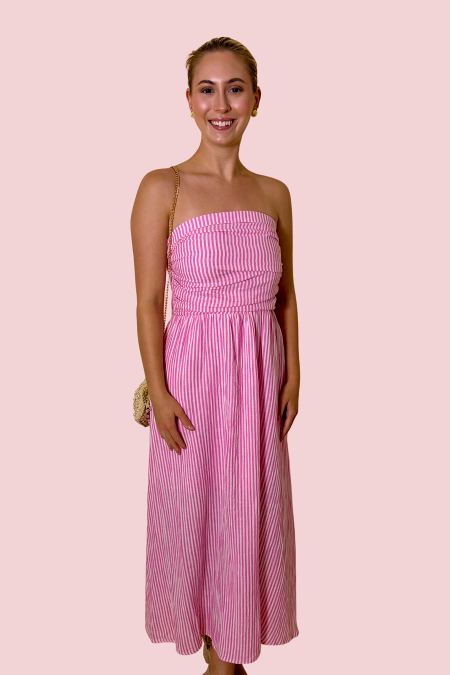 Rosé Mood Pink Strapless Maxi Dress with Smocked Bodice and Flowy Skirt