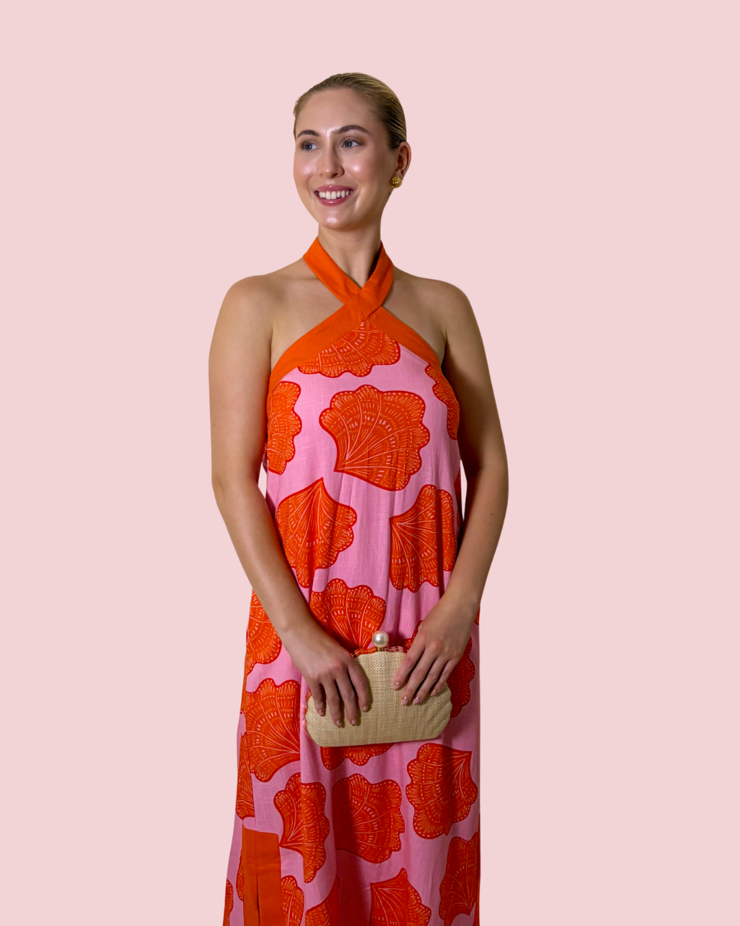 Sunset Sangria Pink and Orange Shell Print Halter Midi Dress