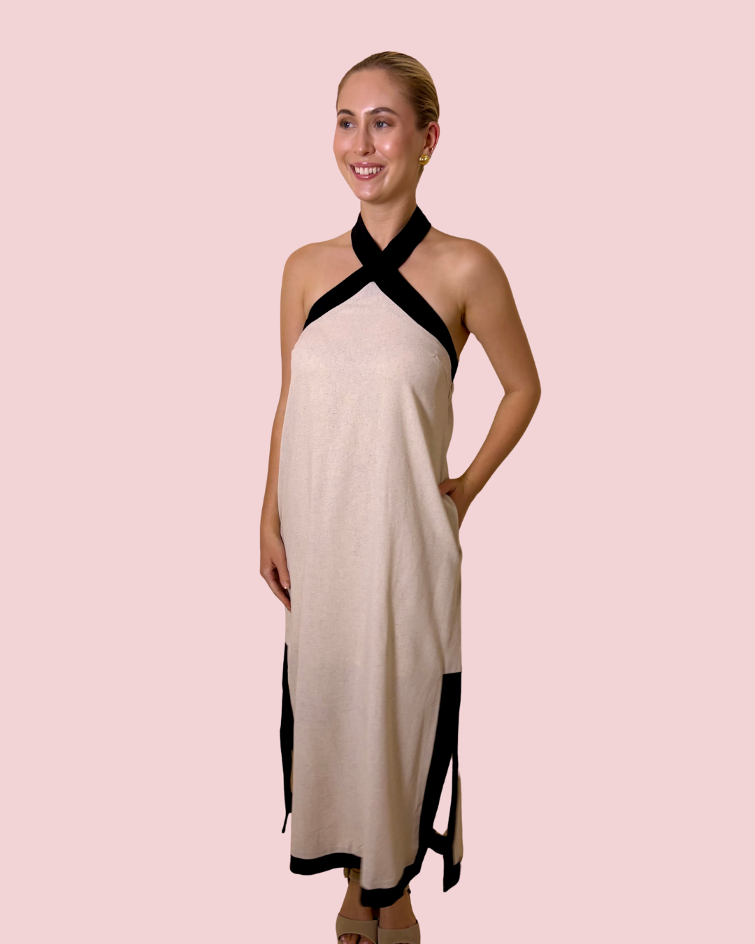 First Class Contrast Trim Halter Maxi Dress with Side Slits and Relaxed Fit