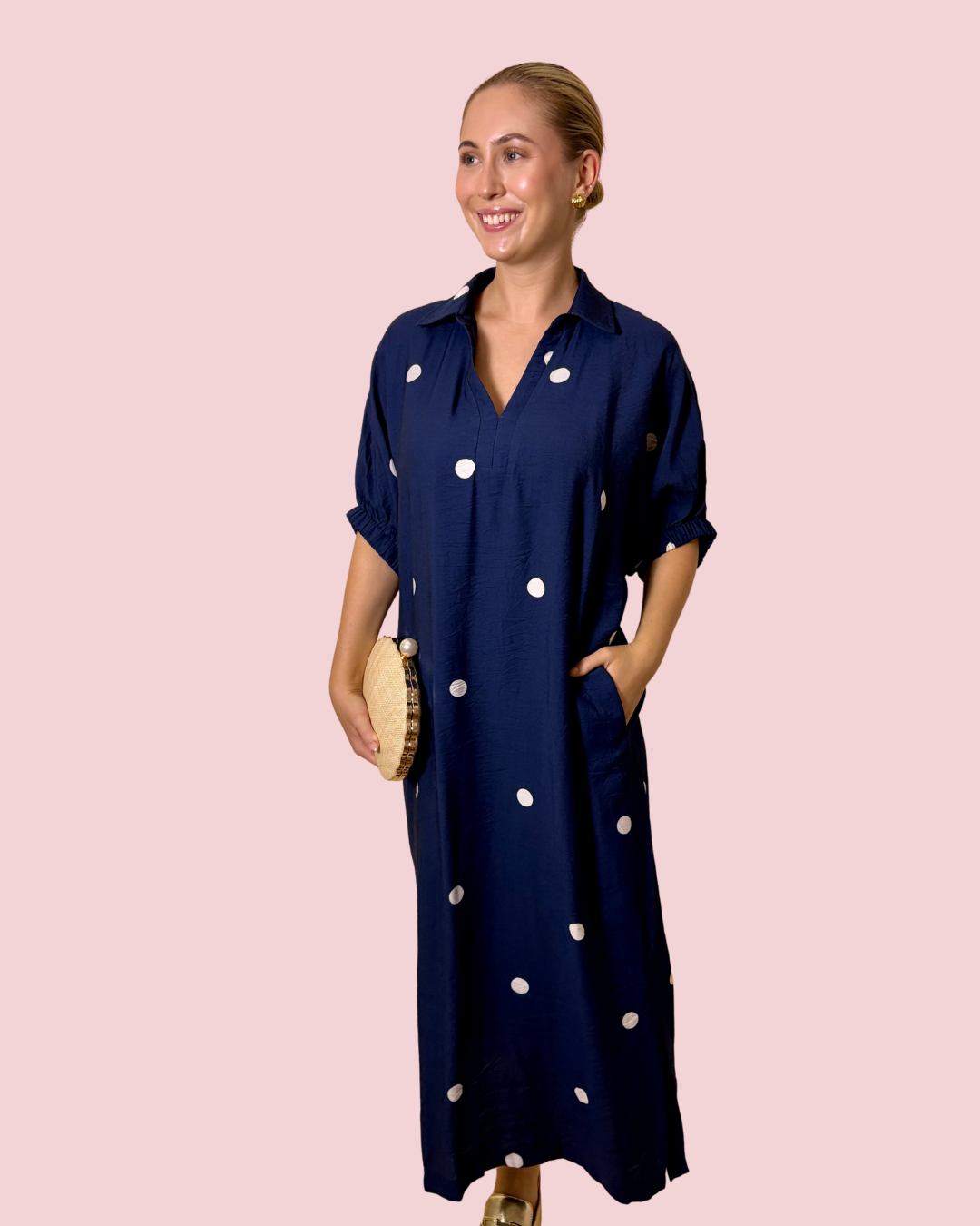 Nantucket Nights Polka Dot Maxi Shirt Dress with Collared Neckline and Pockets
