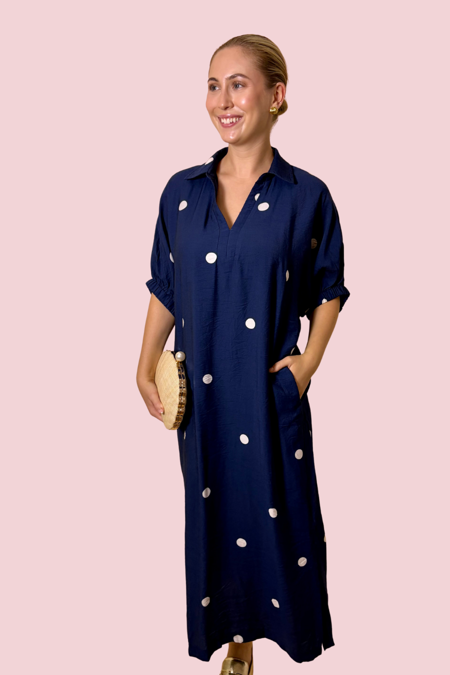 Nantucket Nights Polka Dot Maxi Shirt Dress with Collared Neckline and Pockets