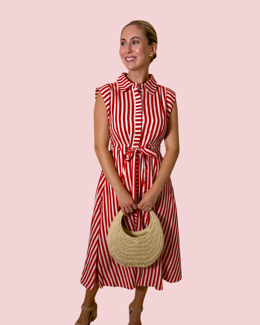 Baby You're a Firework Red and White Striped Midi Shirt Dress with Waist Tie