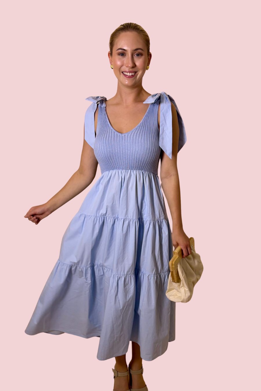 Blue Skies Light Blue Smocked Midi Dress with Tie Shoulder Straps
