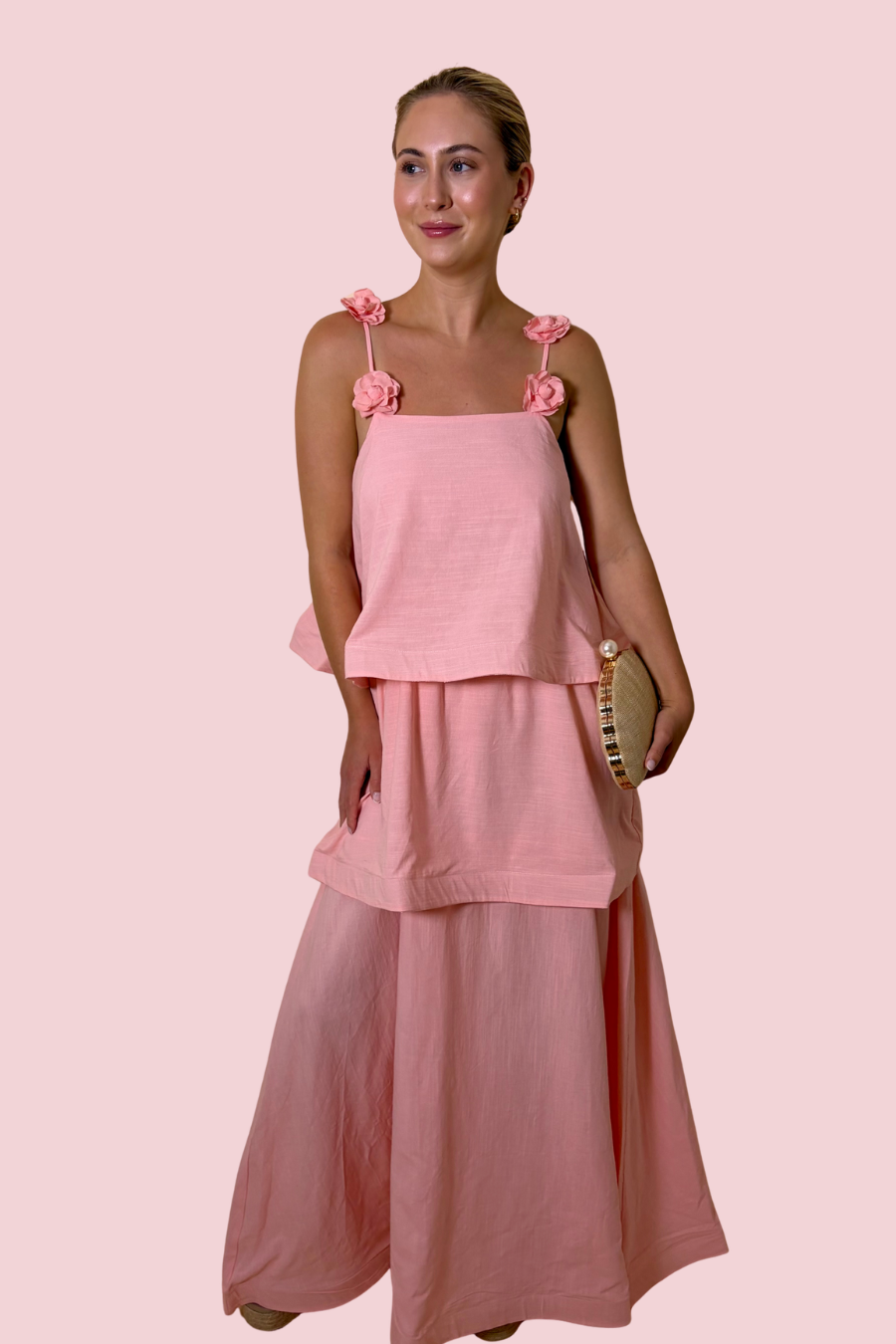 Pretty in Petals Pink Maxi Dress with Floral Strap Detail and Flowy Silhouette