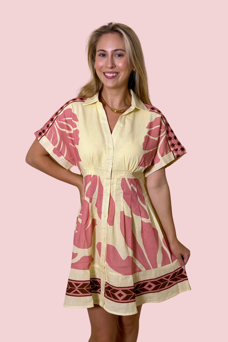 Meet Me Somewhere Warm Tropical Print Button Front Mini Dress with Short Sleeves