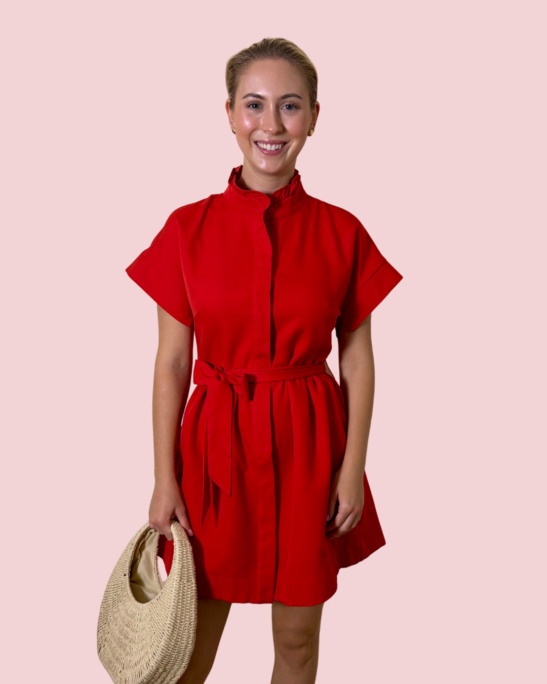 Got My Attention Red Tie Waist Shirt Dress with Stand Collar and Short Sleeves