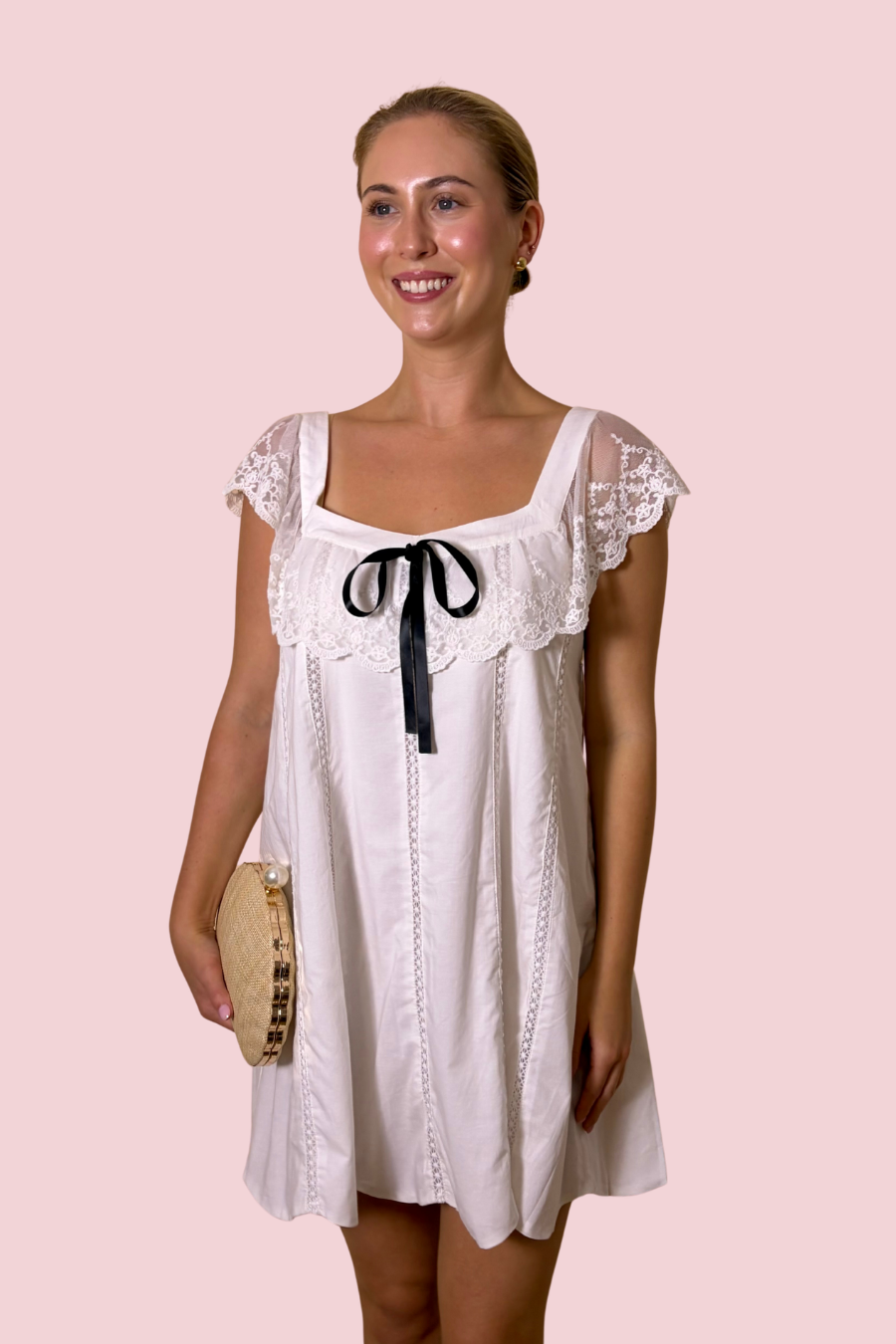 Ribbon & Lace White Lace Trim Mini Dress with Black Bow Detail and Flutter Sleeves