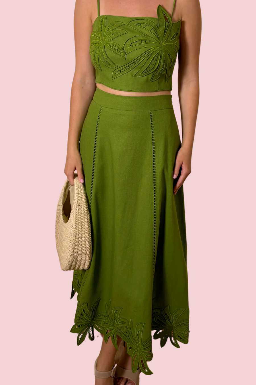 Olive Grove Botanical Print Crop Top with Spaghetti Straps and Embroidered Detail