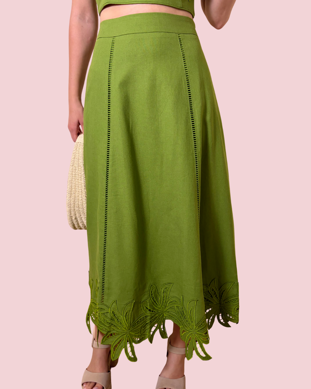Olive Grove High Waisted Embroidered Midi Skirt with Botanical Hem Detail