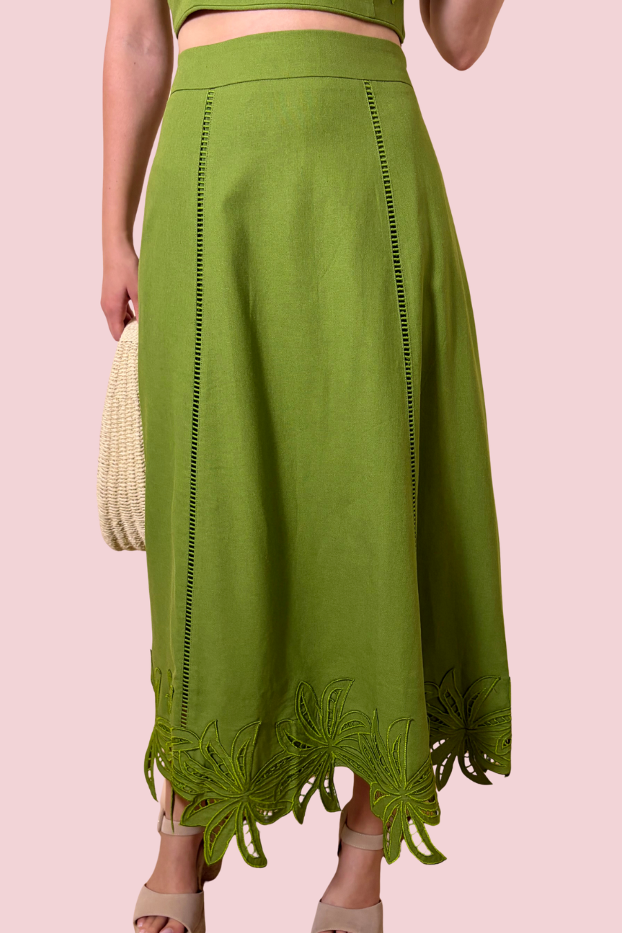 Olive Grove High Waisted Embroidered Midi Skirt with Botanical Hem Detail