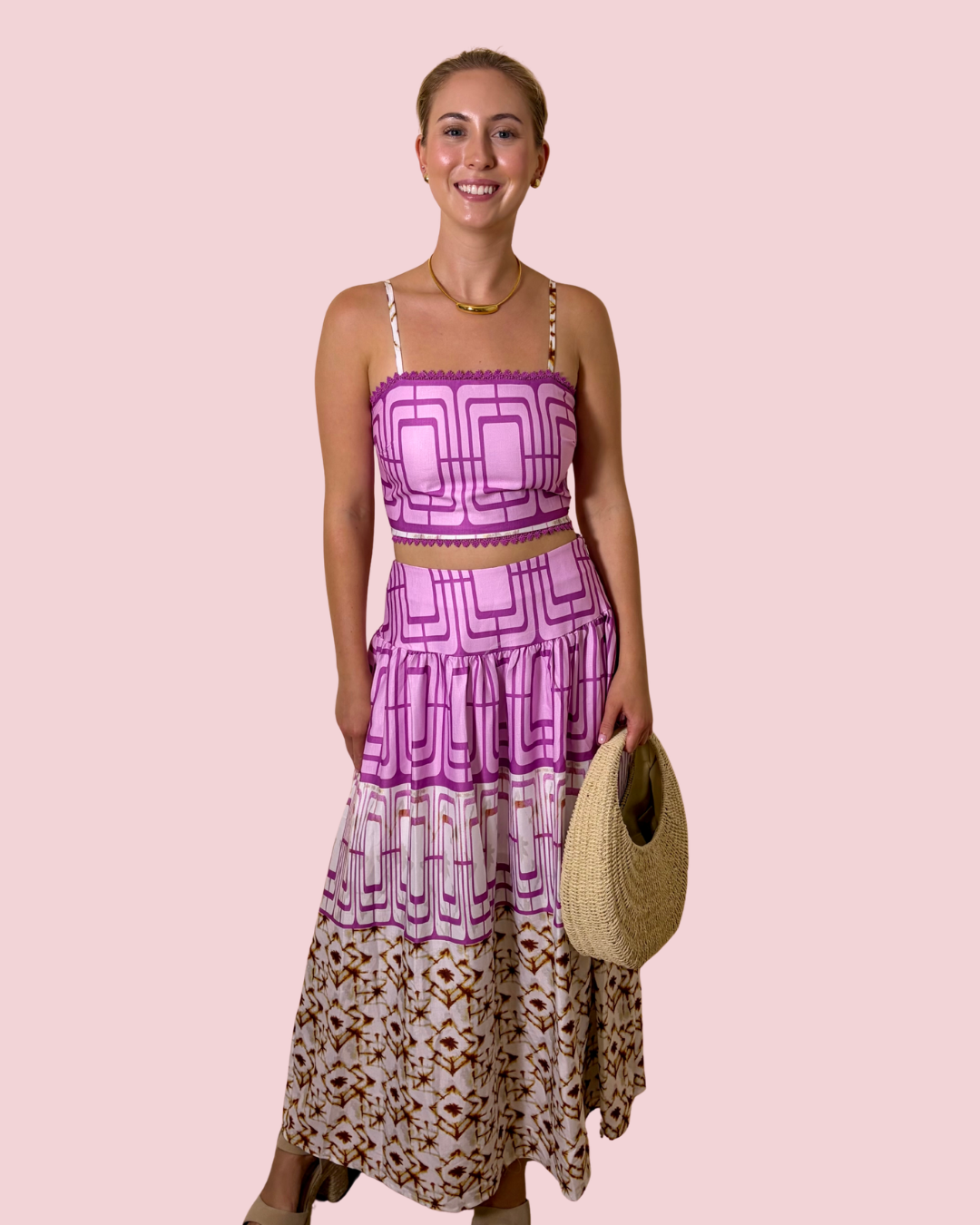 Best Dressed Pink Printed Two-Piece Maxi Skirt Set