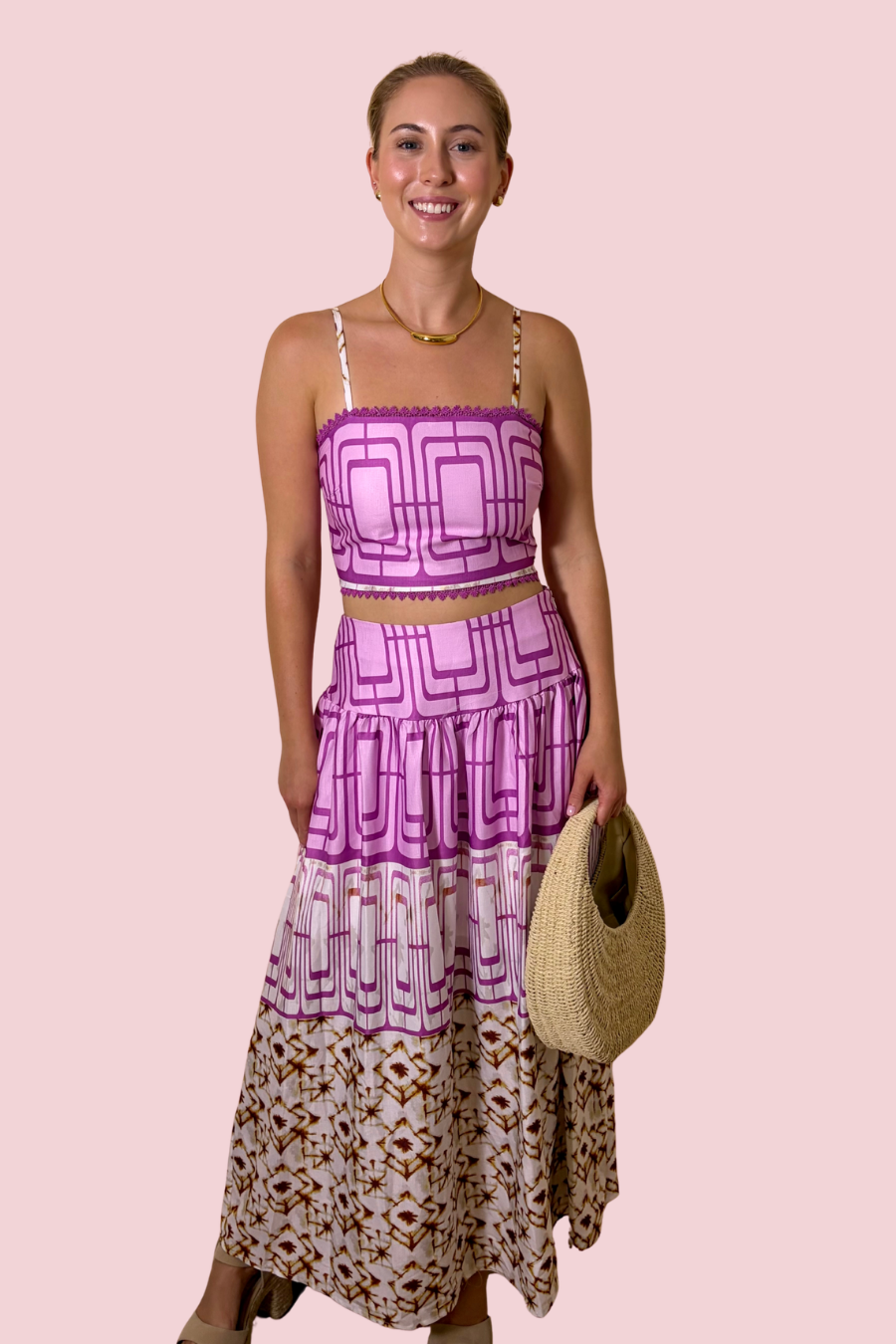 Best Dressed Pink Printed Two-Piece Maxi Skirt Set