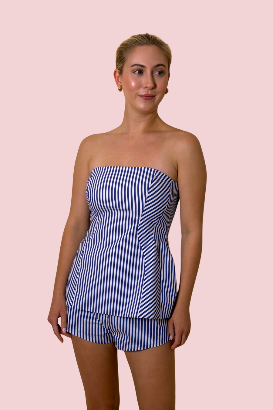 Linda Strapless Striped Peplum Top with Structured Bodice in Blue and White