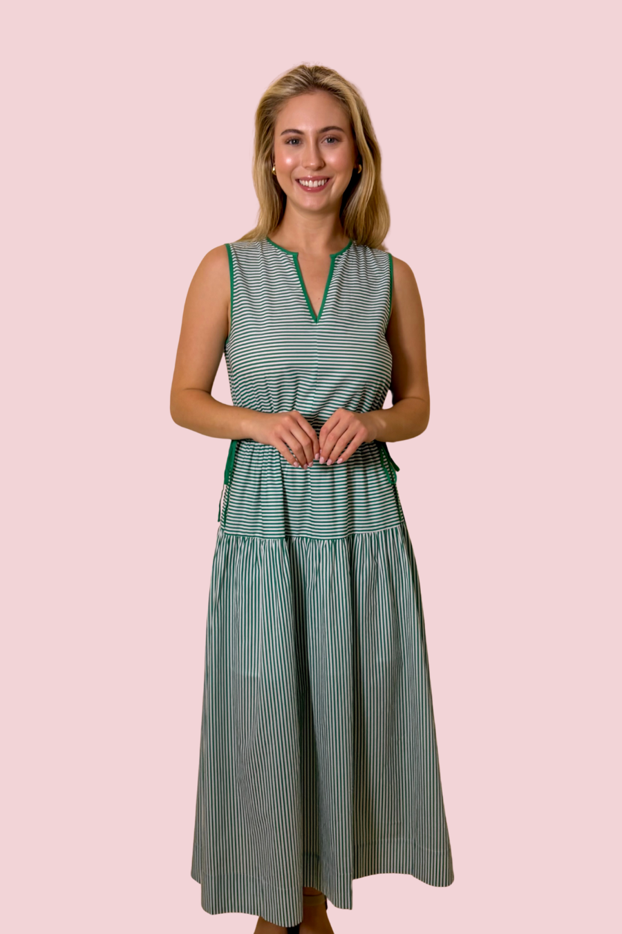 Fresh Start Green Striped Midi Dress with Sleeveless Design and Cinched Waist