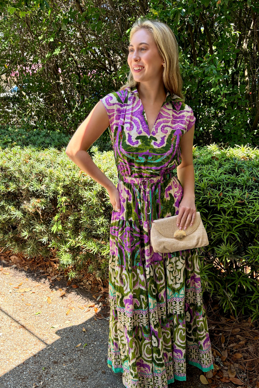 Tropical Dream Green and Purple Printed Maxi Dress with Cap Sleeves and Tiered Skirt