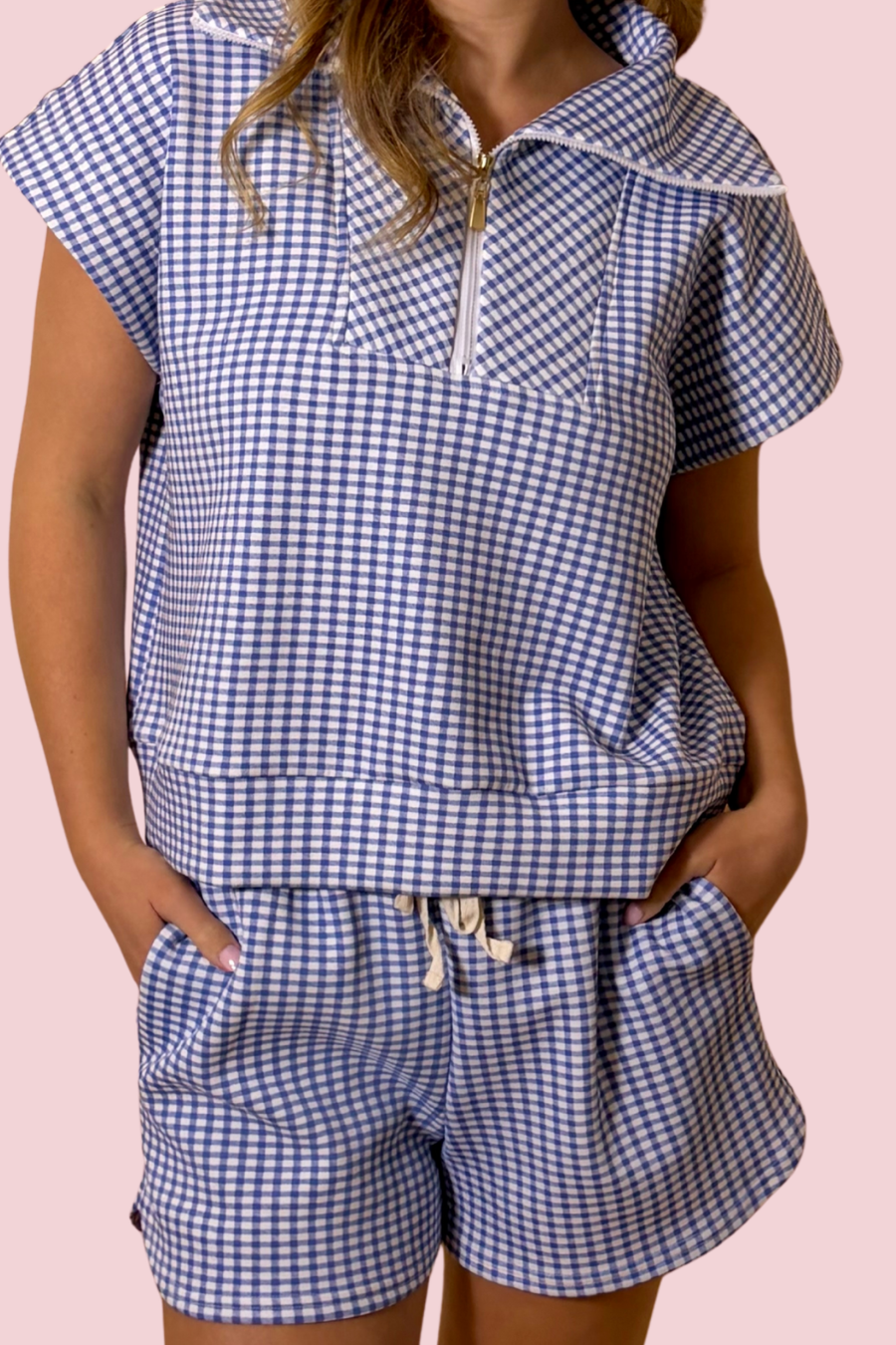 Everyday Ease Blue Gingham Zip Up Top with Short Sleeves and Relaxed Fit