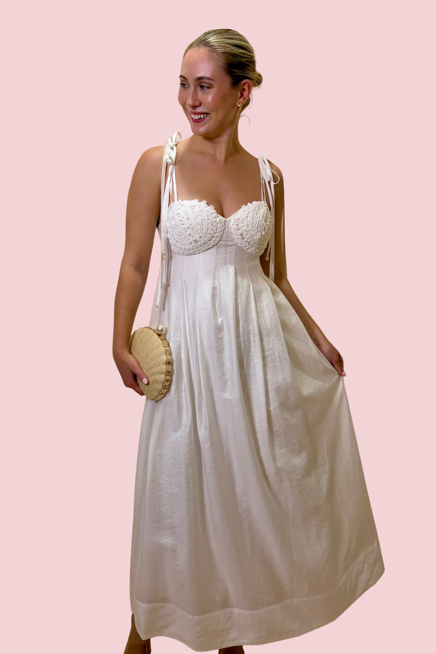 Wrapped in Pearls White Sweetheart Neckline Maxi Dress with Tie Straps and Flowy Skirt