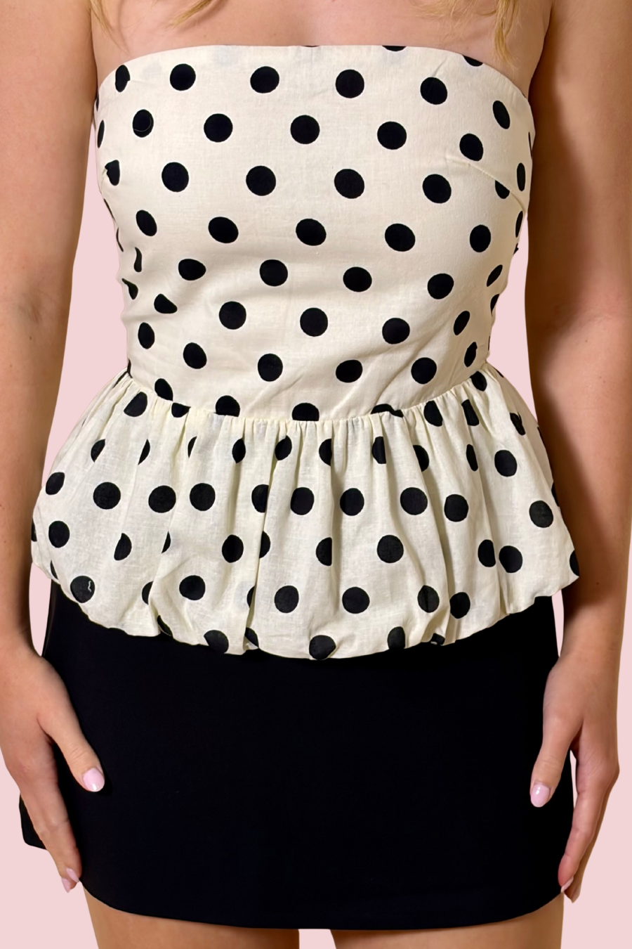 Spot On Strapless Polka Dot Peplum Top with Structured Fit and Flared Hem