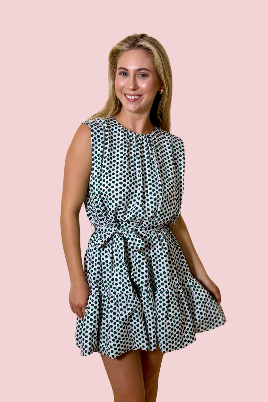 Sweet Spot Green Polka Dot Mini Dress with Sleeveless Design and Tie Waist