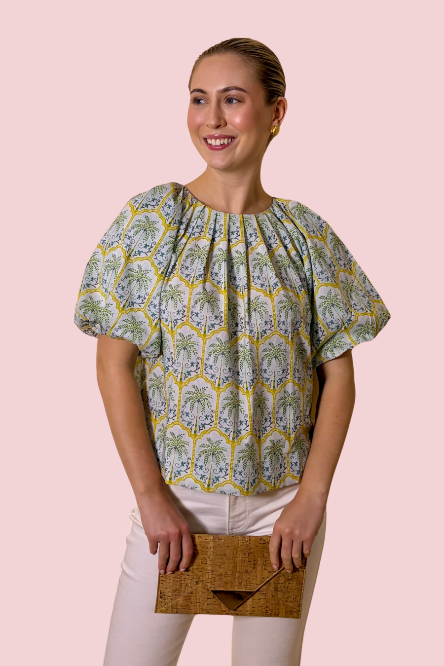 Island Time Palm Print Puff Sleeve Blouse for Summer