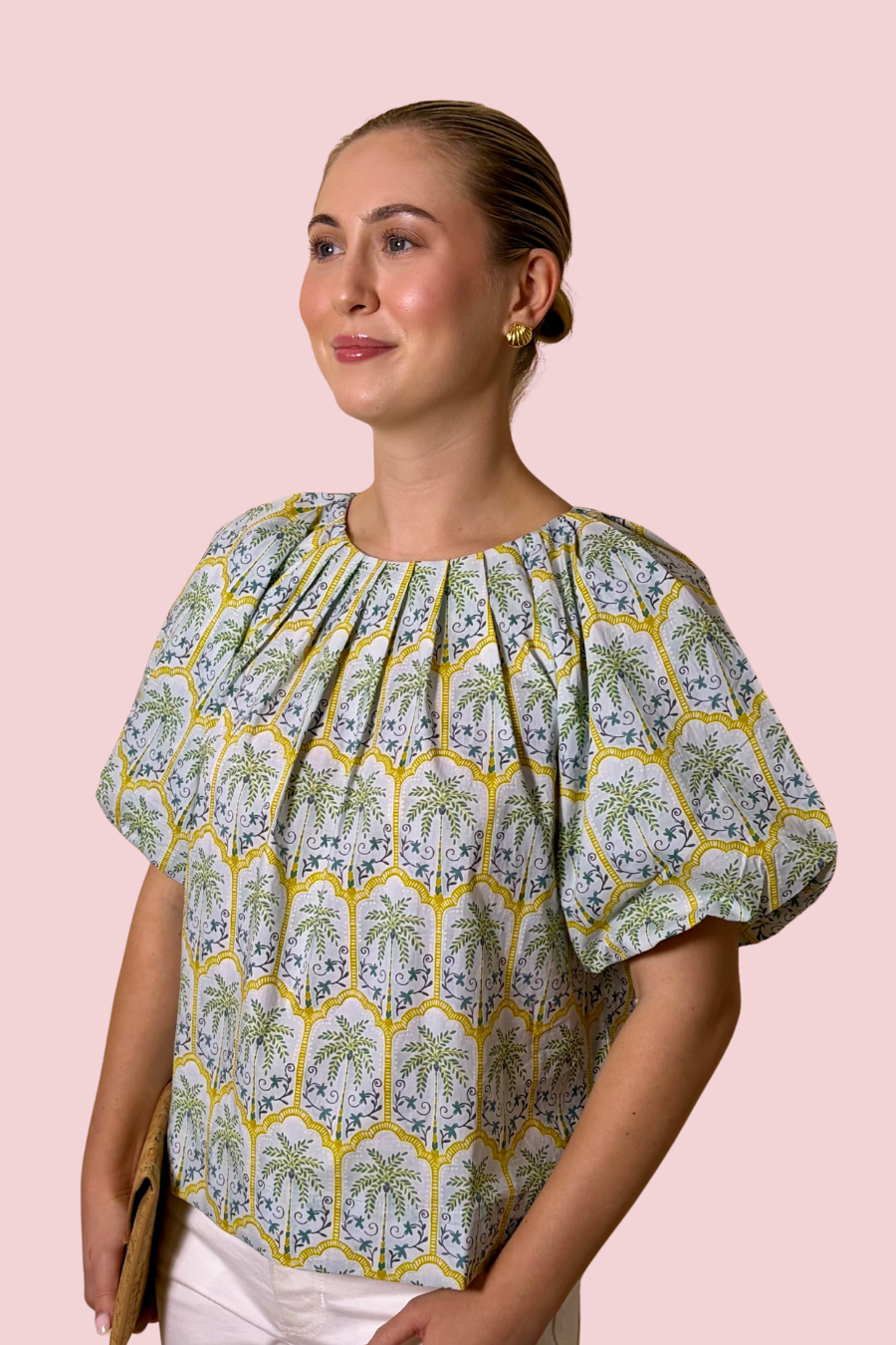 Island Time Palm Print Puff Sleeve Blouse for Summer
