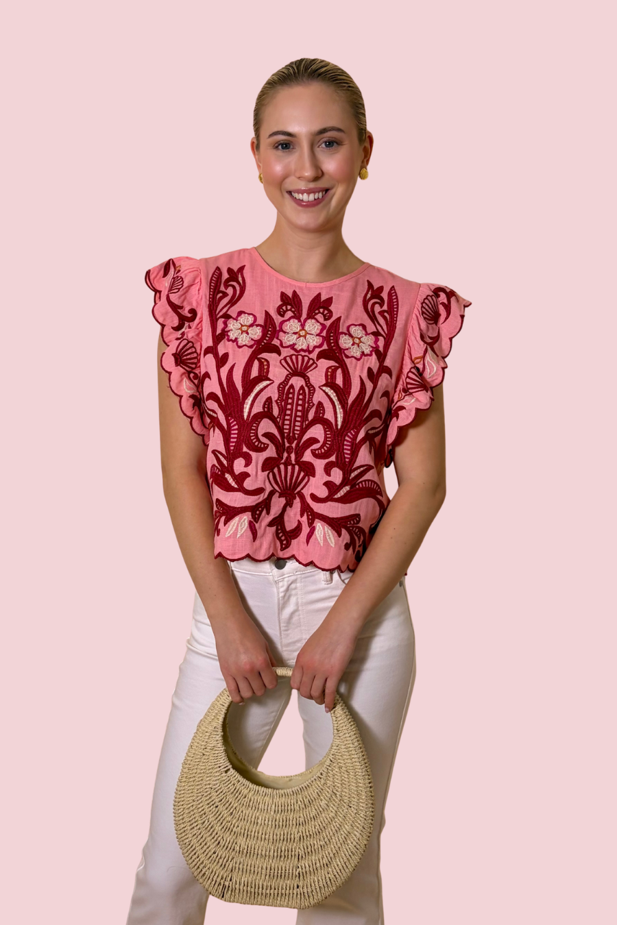 Love Language Floral Embroidered Crop Blouse in Red and White