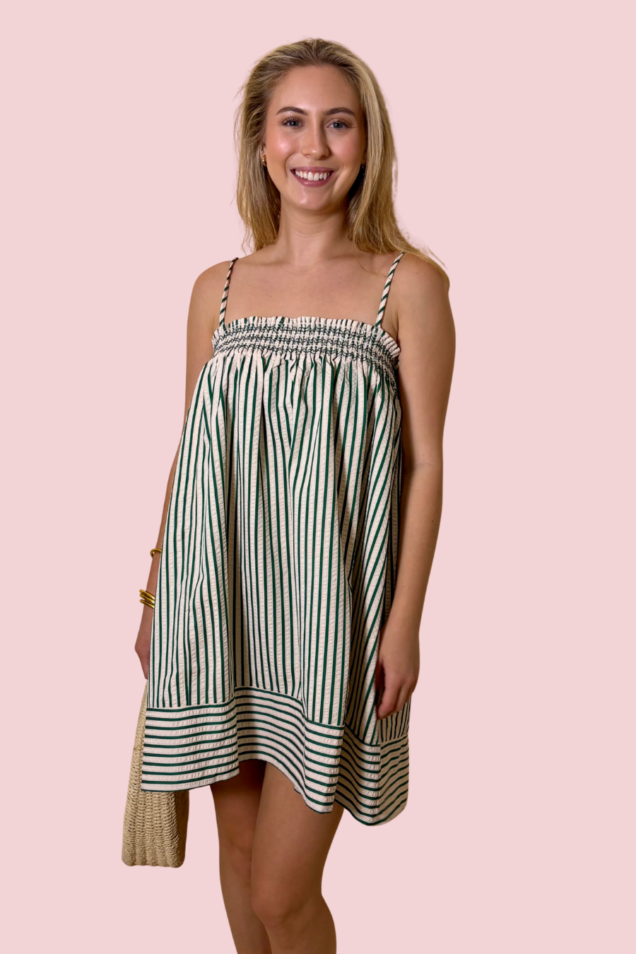 green and white striped mini dress Salty Air Women's Green Striped Smocked Mini Dress with Spaghetti Stra
