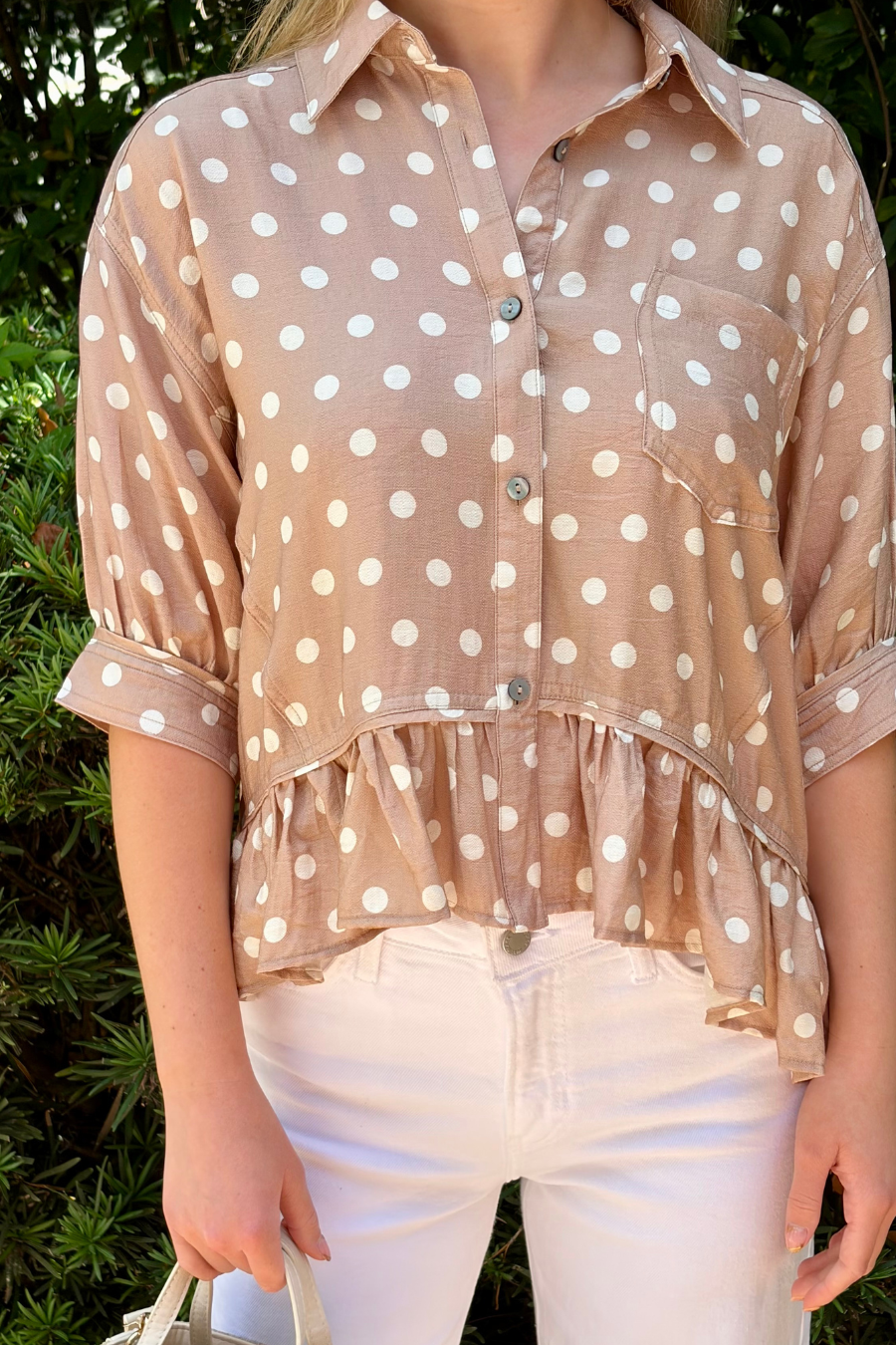 Pretty Little Plans Polka Dot Button Front Blouse with Ruffle Hem