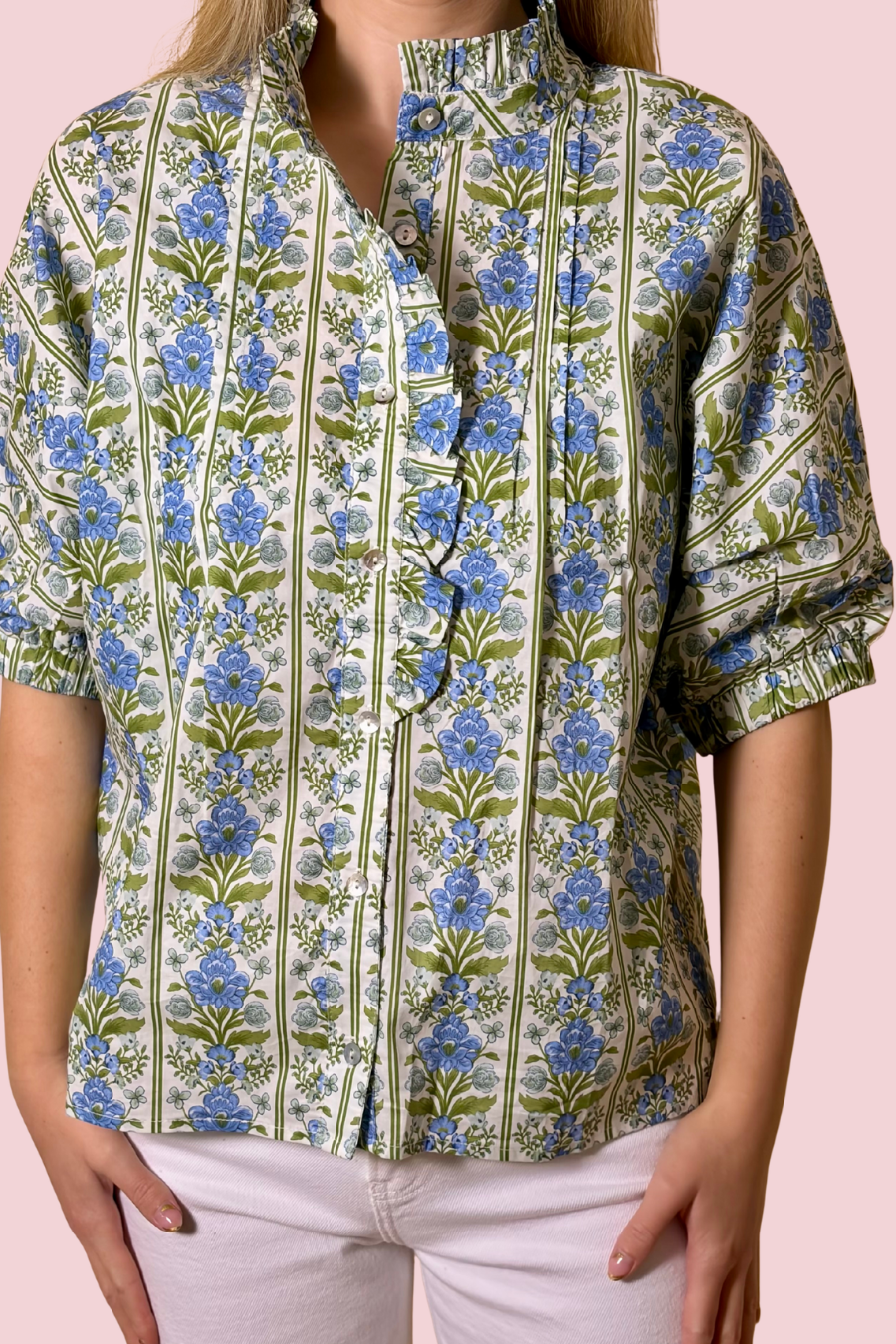 Cottage Club Blue Floral Puff Sleeve Blouse with Ruffle Neckline