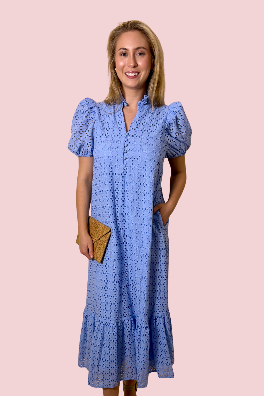 Dinner Reservations Eyelet Puff Sleeve Midi Dress