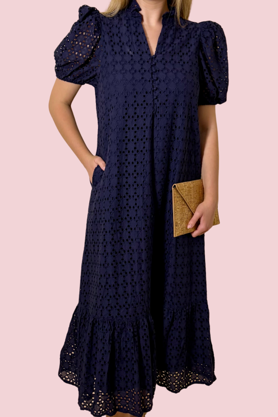 Dinner Reservations Eyelet Puff Sleeve Midi Dress