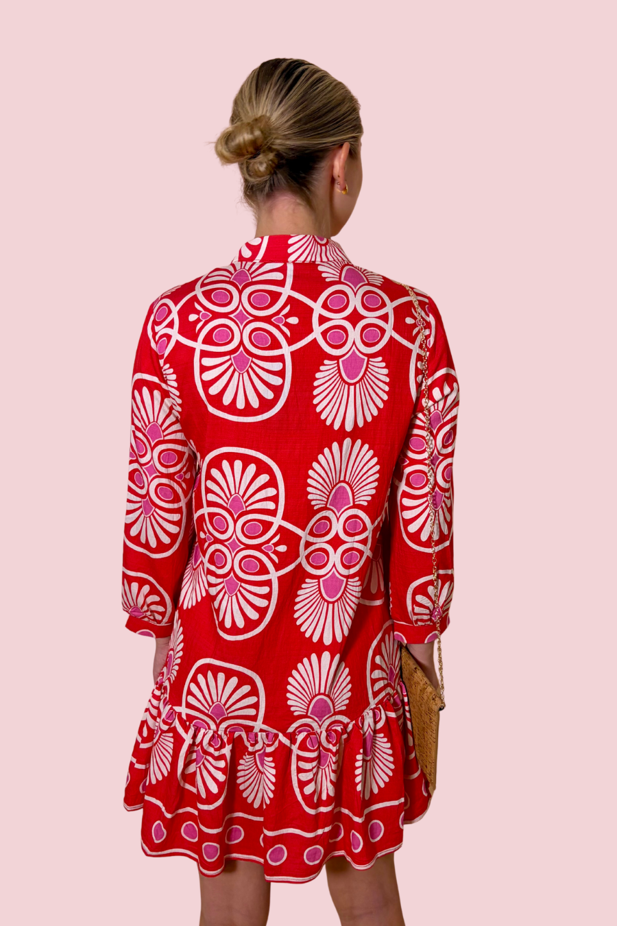 Vacation Mood Red and White Printed Mini Dress with Long Sleeves
