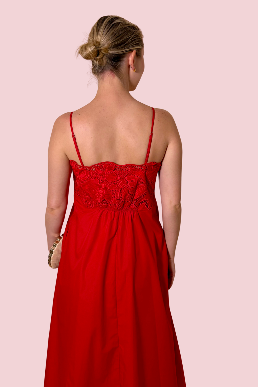 Best Dressed Red Lace Bodice Maxi Dress with Adjustable Spaghetti Straps and Flowy Skirt