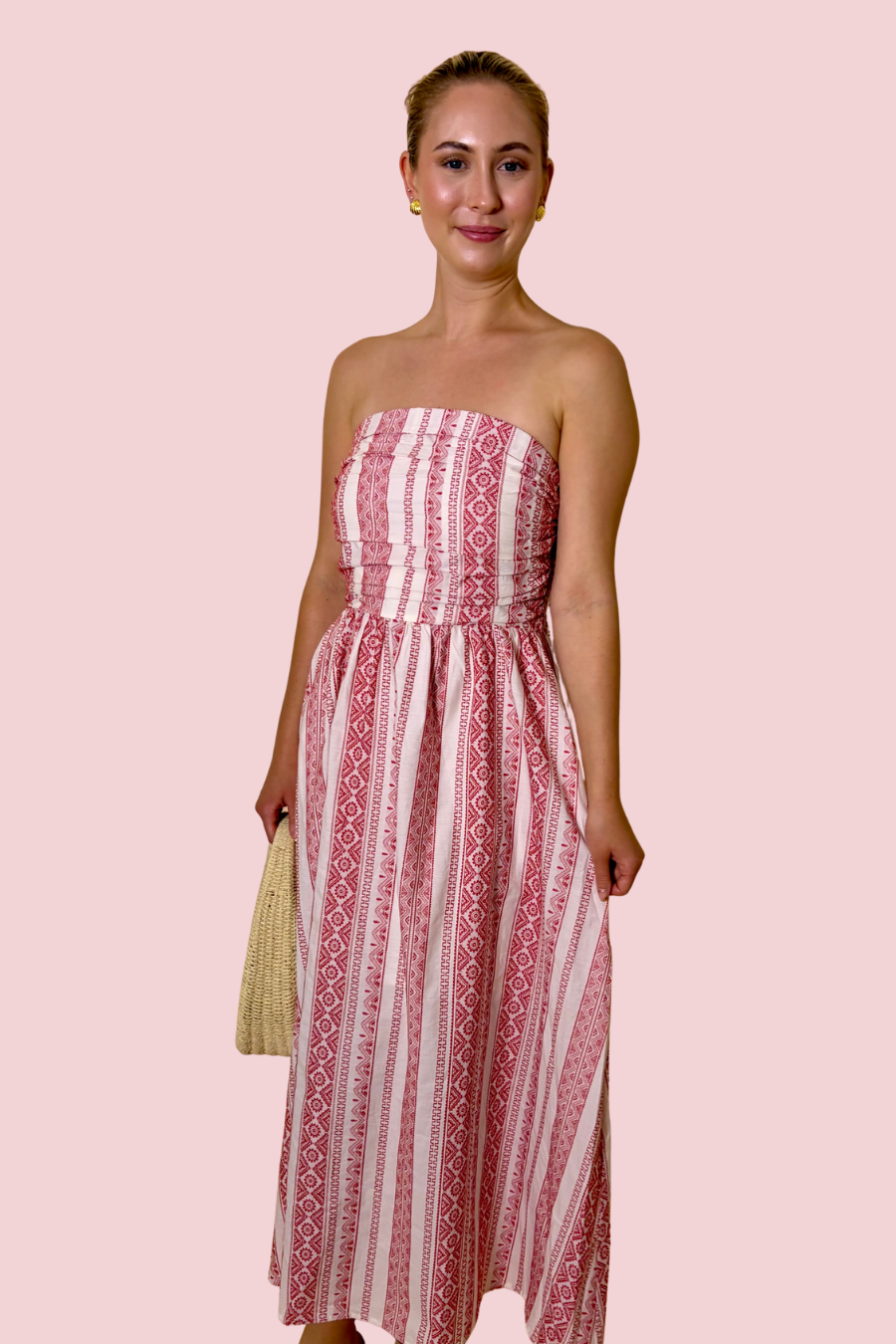 St. Tropez Pink Strapless Midi Dress with Smocked Bodice
